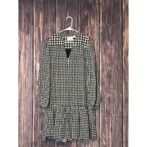 Maeve Anthropologie Midi Dress Womens L Black White Houndstooth Tiered Classic